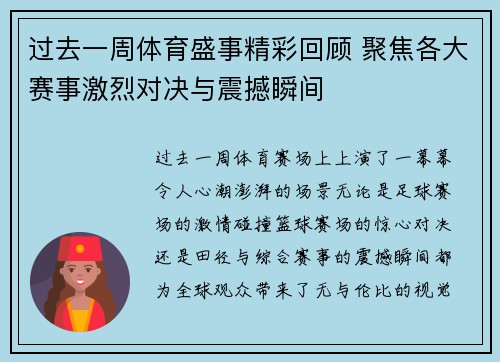 过去一周体育盛事精彩回顾 聚焦各大赛事激烈对决与震撼瞬间