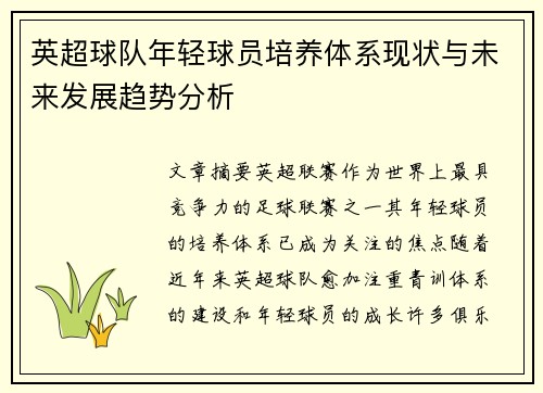 英超球队年轻球员培养体系现状与未来发展趋势分析